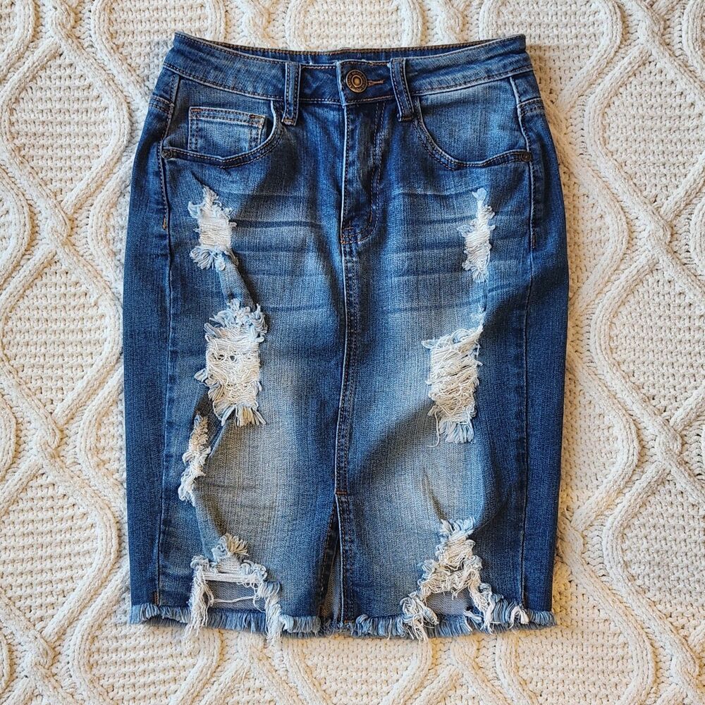 Machine Distressed Denim Knee Length Skirt Size S